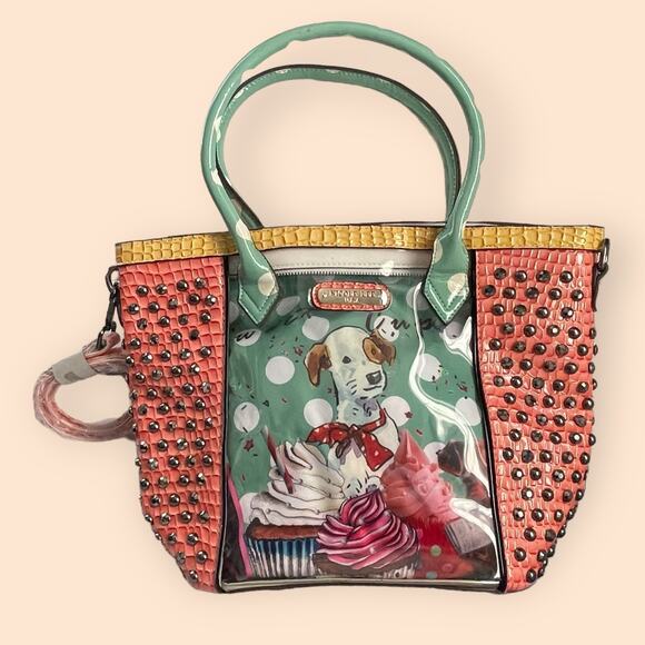 Nicole Lee Sweet Cupcake Tote Removable Interior Bag Coral Green Dogs Puppies - Picture 11 of 16